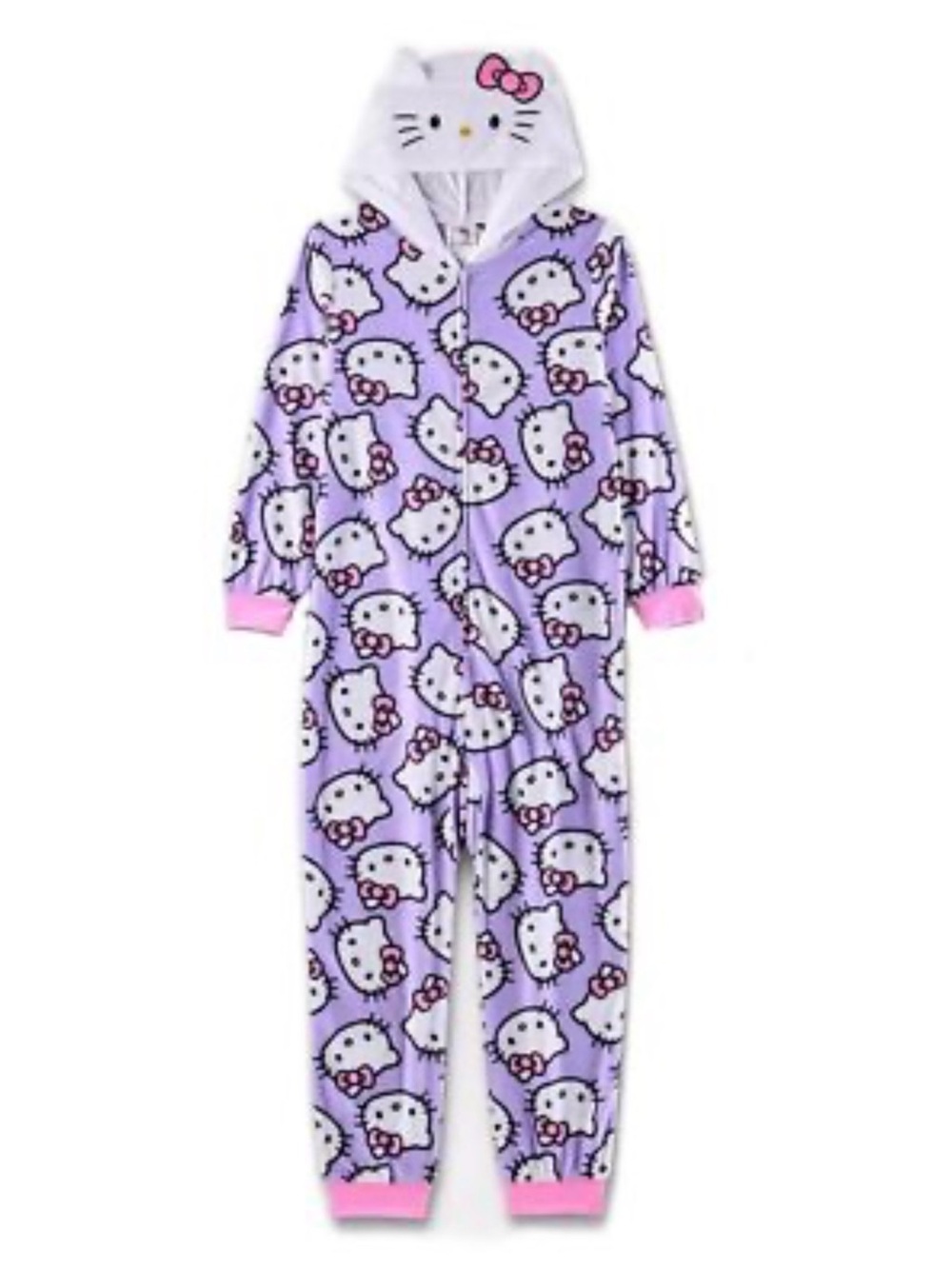 Hello Kitty Lavender Hooded One-Piece Pajama Union Suit Sz M (7/8)